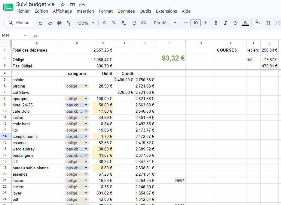 Ancien fichier Google Sheet de Steve, utilisé pour suivre ses dépenses avant BudgetZen